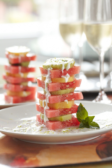 yellow and green kiwi with watermelon and coconut lime crème
